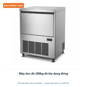 Máy làm đá 200kg đá bia dạng đứng – ảnh minh họa thiết bị inox công nghiệp.