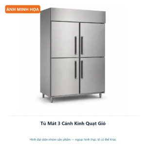 Tủ Mát 3 Cánh Kính Quạt Gió – ảnh minh họa thiết bị inox công nghiệp.